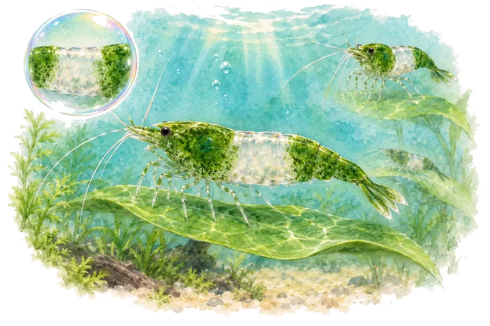 Aquarelle : Crevette rili verte (Neocaridina davidi) dans une eau turquoise lumineuse, avec une vue de trois quarts et un détail dans une bulle.
