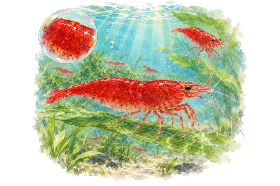 Aquarelle : Crevette sakura rouge (Neocaridina davidi) dans une eau turquoise lumineuse, avec une vue de trois quarts et un détail dans une bulle.