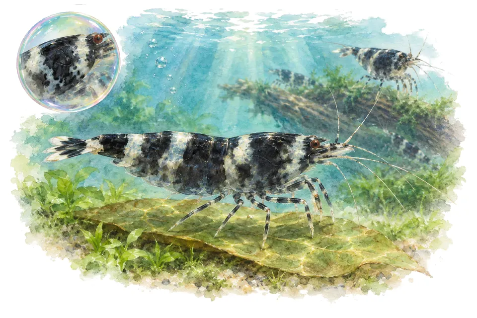 Aquarelle : Crevette shadow (Caridina logemanni) dans une eau turquoise lumineuse, avec une vue de trois quarts et un détail dans une bulle.