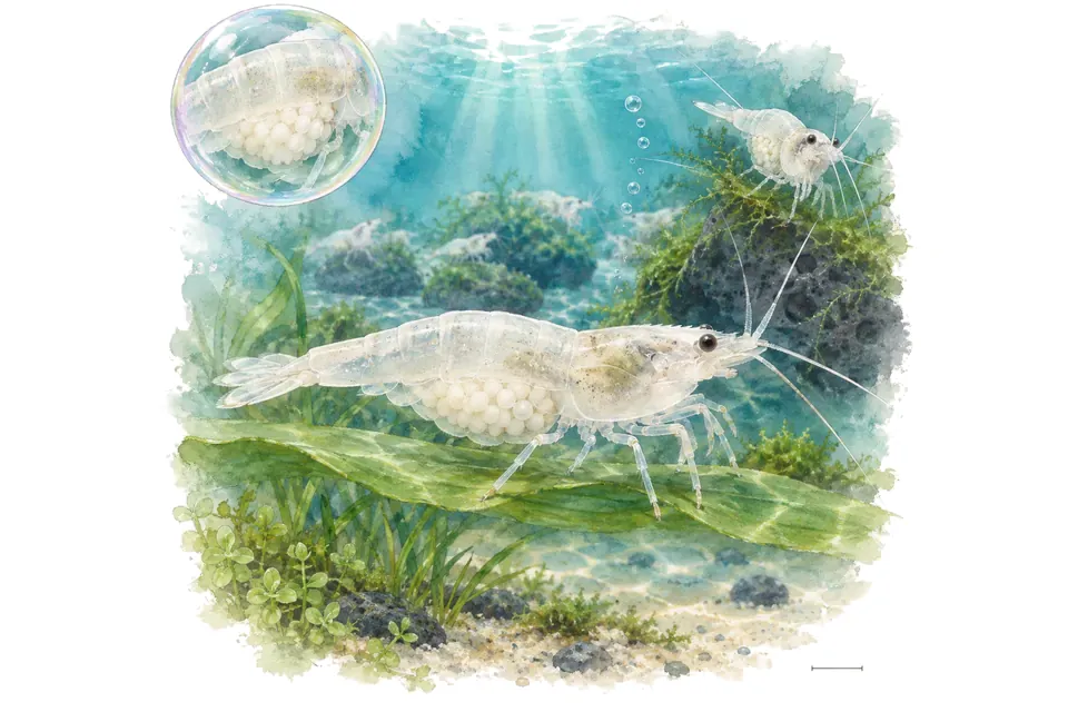 Aquarelle : Crevette snowball blanche (Neocaridina palmata) dans une eau turquoise lumineuse, avec une vue de trois quarts et un détail dans une bulle.