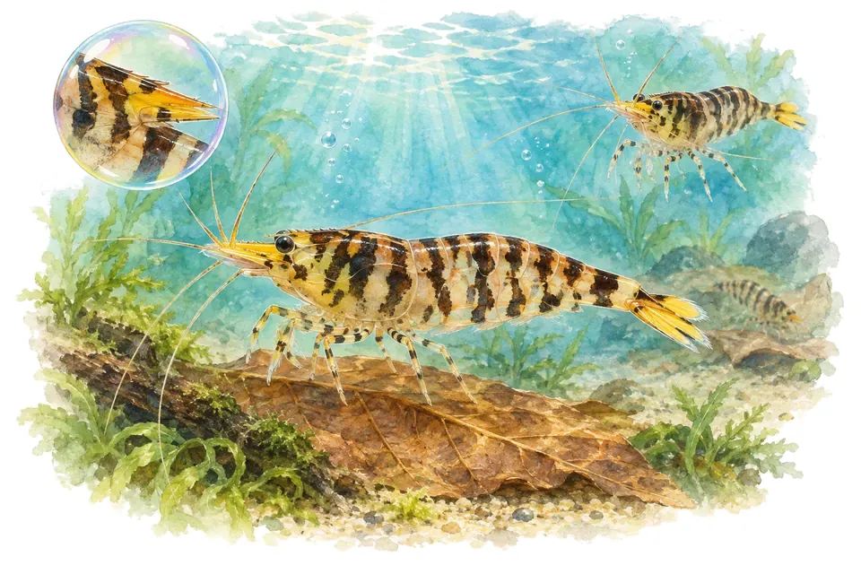 Aquarelle : Crevette super tiger (Caridina mariae) dans une eau turquoise lumineuse, avec une vue de trois quarts et un détail dans une bulle.