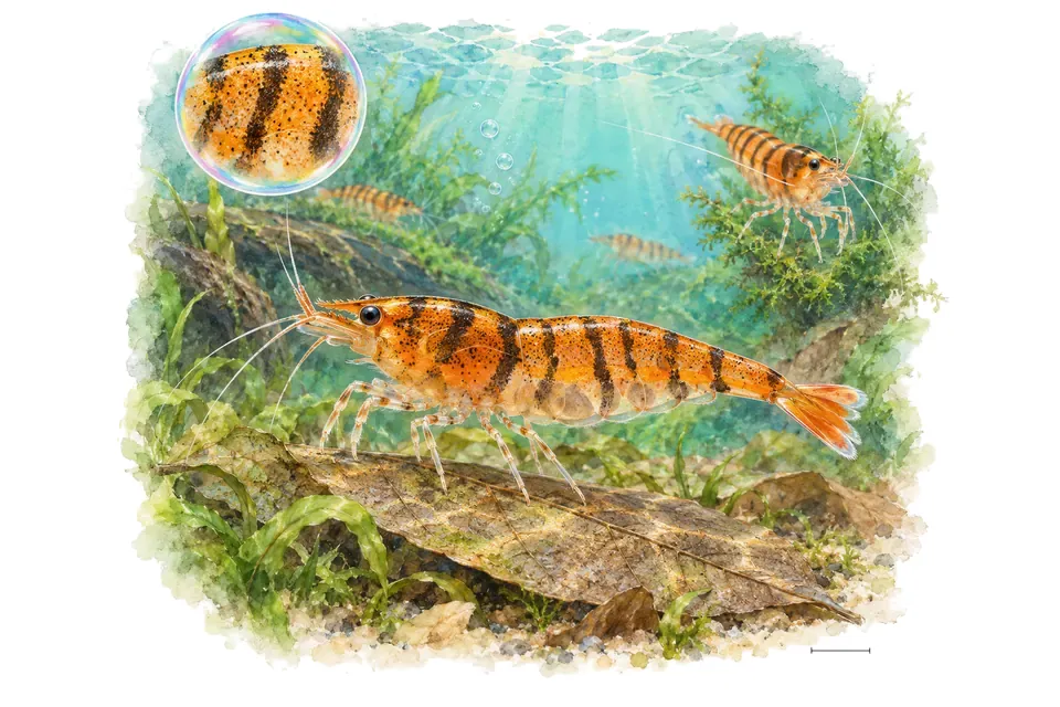 Aquarelle : Crevette tangerine tiger (Caridina serrata) dans une eau turquoise lumineuse, avec une vue de trois quarts et un détail dans une bulle.