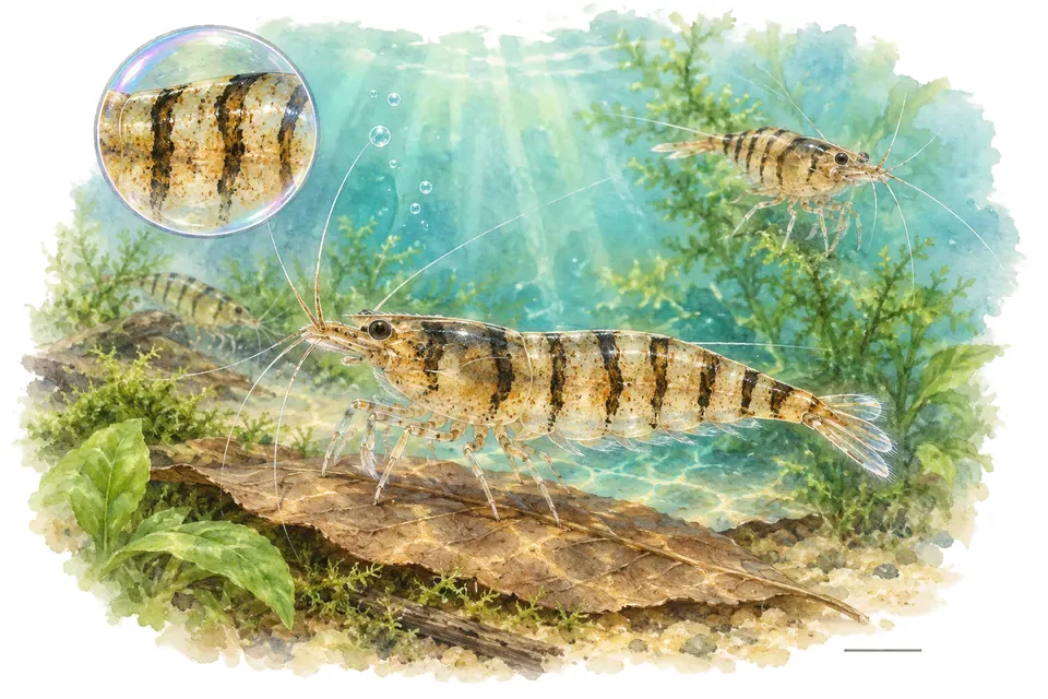 Aquarelle : Crevette tiger classique (Caridina mariae) dans une eau turquoise lumineuse, avec une vue de trois quarts et un détail dans une bulle.