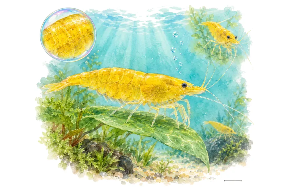 Aquarelle : Crevette yellow fire (Neocaridina davidi) dans une eau turquoise lumineuse, avec une vue de trois quarts et un détail dans une bulle.