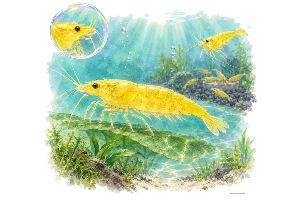 Aquarelle : Crevette yellow neon (Neocaridina davidi) dans une eau turquoise lumineuse, avec une vue de trois quarts et un détail dans une bulle.