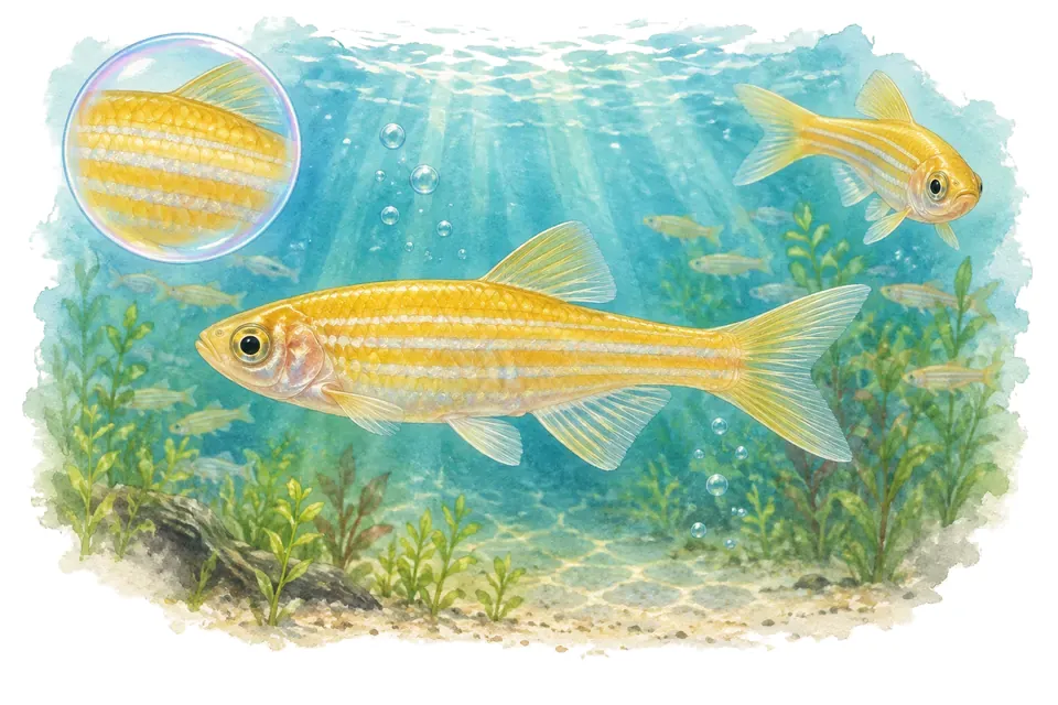 Aquarelle : Danio doré (Danio rerio) dans une eau turquoise lumineuse, avec une vue de trois quarts et un détail dans une bulle.