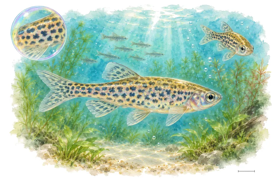 Aquarelle : Danio rerio léopard (Danio rerio) dans une eau turquoise lumineuse, avec une vue de trois quarts et un détail dans une bulle.
