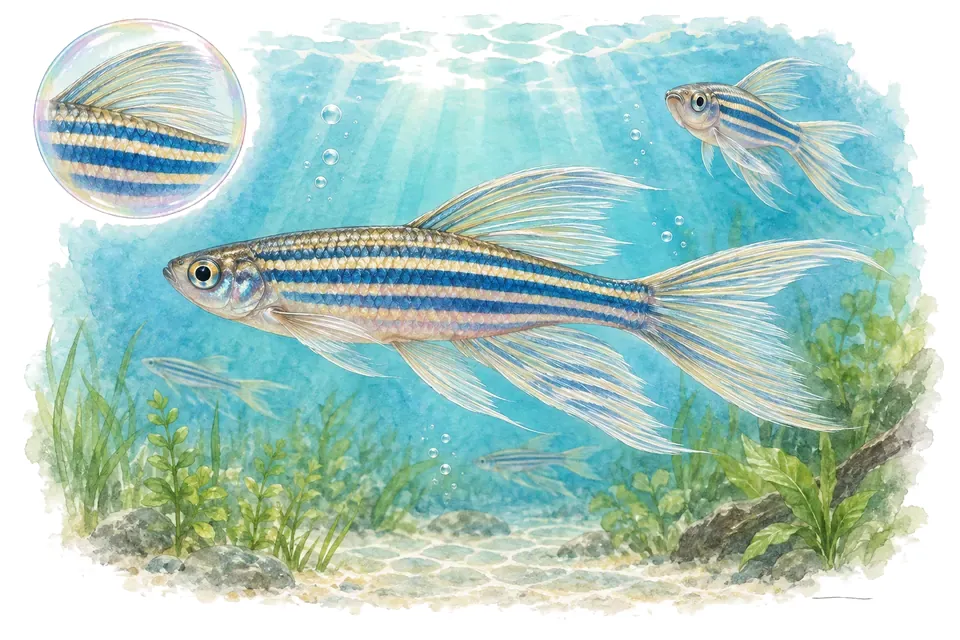 Aquarelle : Danio rerio voile (Danio rerio) dans une eau turquoise lumineuse, avec une vue de trois quarts et un détail dans une bulle.