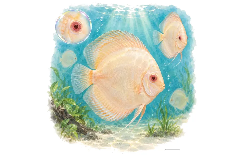 Aquarelle : Discus albinos (Symphysodon spp.) dans une eau turquoise lumineuse, avec une vue de trois quarts et un détail dans une bulle.