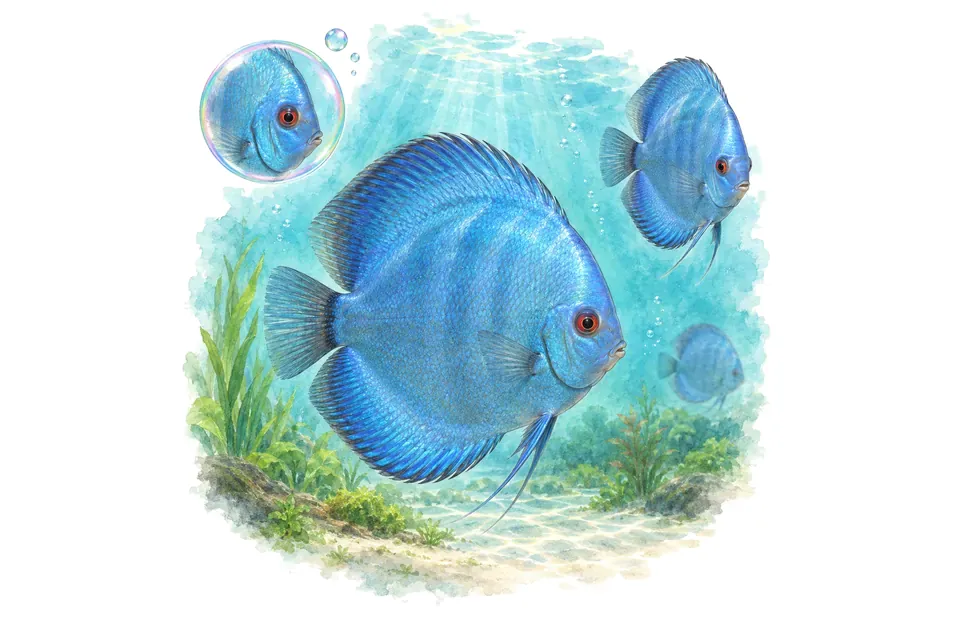 Aquarelle : Discus blue diamond (Symphysodon aequifasciatus) dans une eau turquoise lumineuse, avec une vue de trois quarts et un détail dans une bulle.