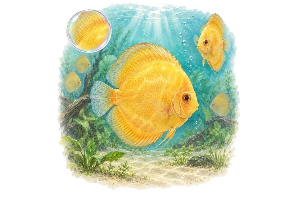 Aquarelle : Discus golden (Symphysodon spp. (discus d’élevage)) dans une eau turquoise lumineuse, avec une vue de trois quarts et un détail dans une bulle.