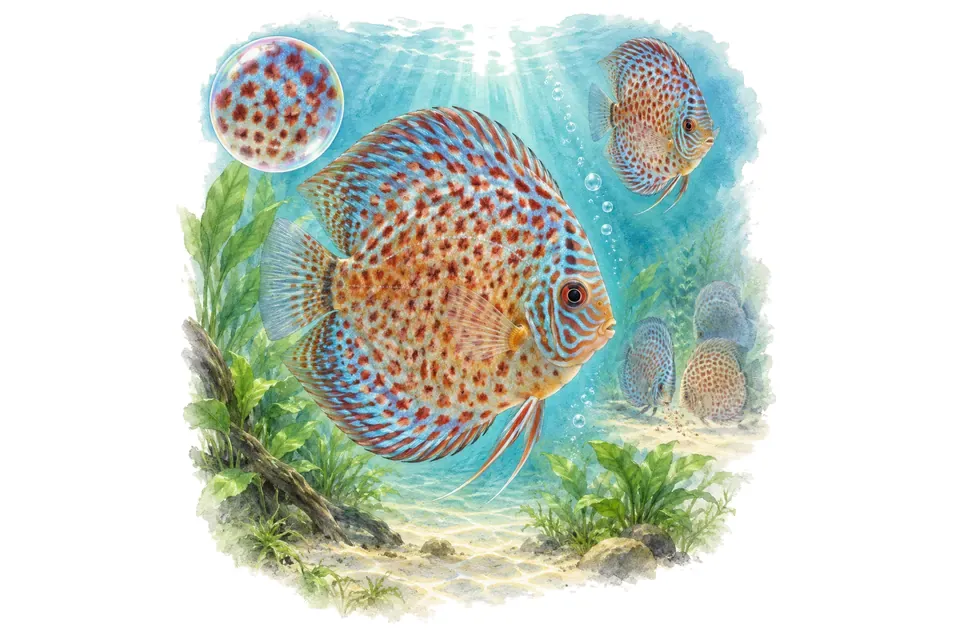Aquarelle : Discus léopard (Symphysodon aequifasciatus) dans une eau turquoise lumineuse, avec une vue de trois quarts et un détail dans une bulle.