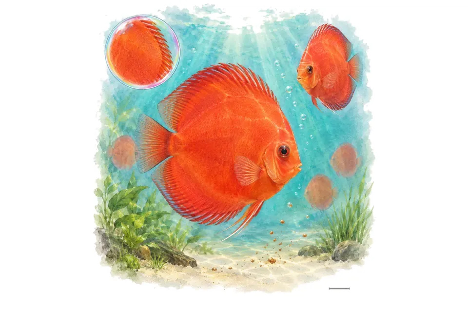 Aquarelle : Discus Marlboro red (Symphysodon spp. (sélection domestique Marlboro red)) dans une eau turquoise lumineuse, avec une vue de trois quarts et un détail dans une bulle.