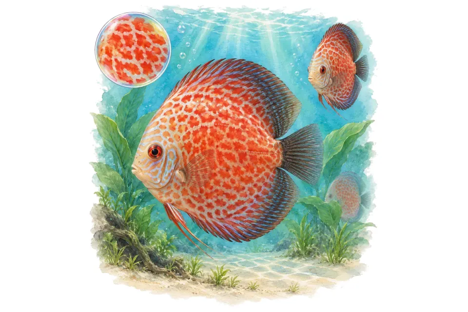 Aquarelle : Discus pigeon blood (Symphysodon aequifasciatus) dans une eau turquoise lumineuse, avec une vue de trois quarts et un détail dans une bulle.
