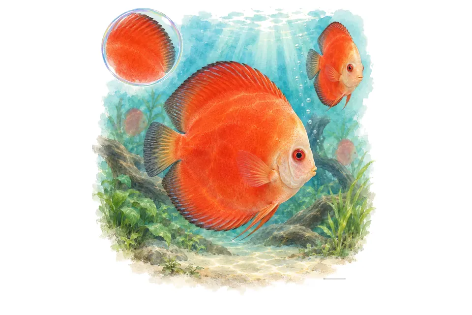 Aquarelle : Discus red melon (Symphysodon aequifasciatus) dans une eau turquoise lumineuse, avec une vue de trois quarts et un détail dans une bulle.