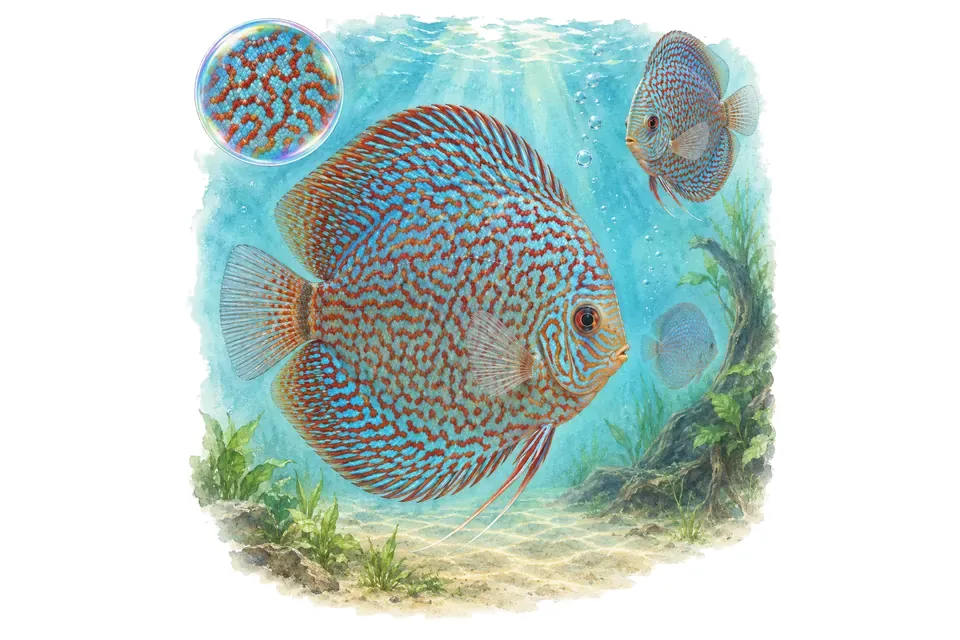 Aquarelle : Discus snakeskin (Symphysodon aequifasciatus) dans une eau turquoise lumineuse, avec une vue de trois quarts et un détail dans une bulle.