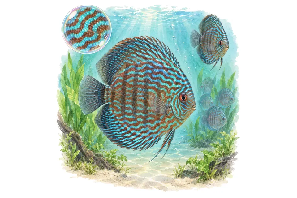 Aquarelle : Discus turquoise (Symphysodon aequifasciatus) dans une eau turquoise lumineuse, avec une vue de trois quarts et un détail dans une bulle.