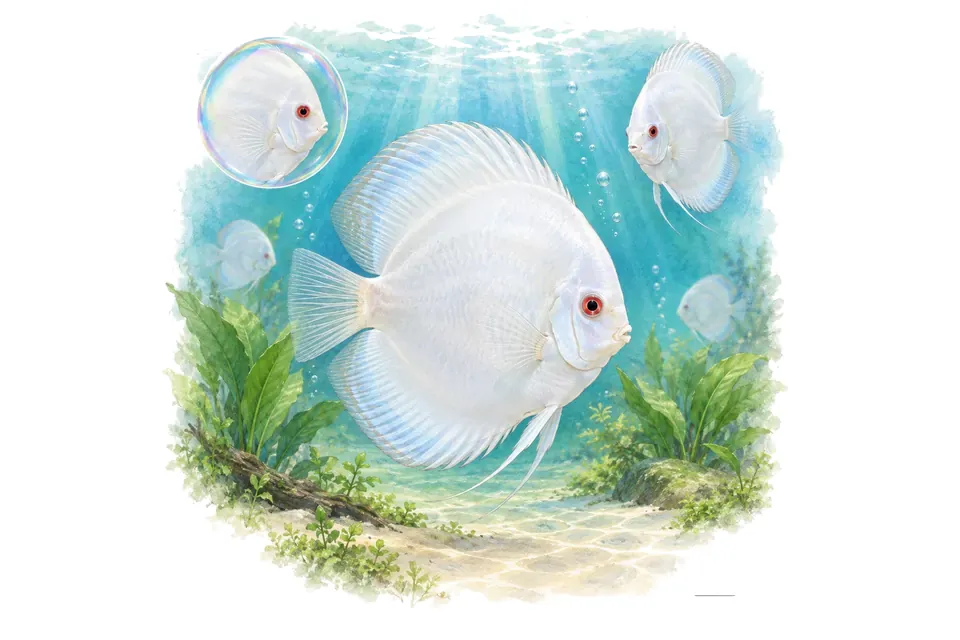 Aquarelle : Discus white diamond (Symphysodon spp. (lignée domestique)) dans une eau turquoise lumineuse, avec une vue de trois quarts et un détail dans une bulle.