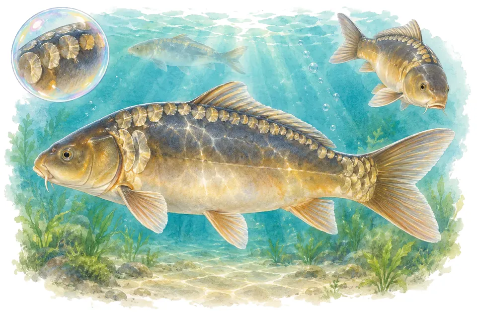 Aquarelle : Doitsu (Cyprinus rubrofuscus) dans une eau turquoise lumineuse, avec une vue de trois quarts et un détail dans une bulle.