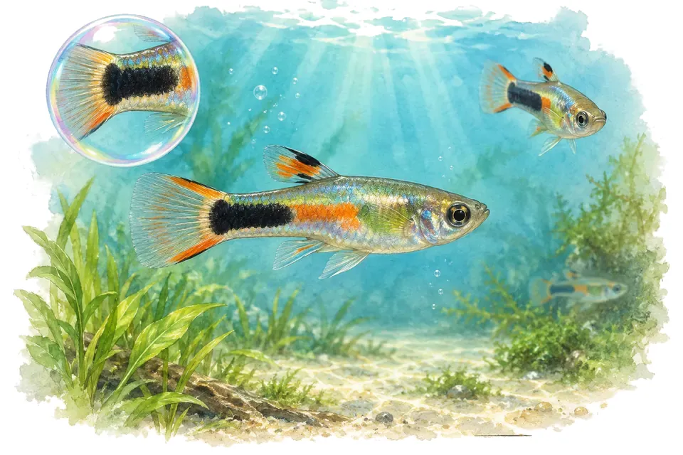 Aquarelle : Endler Black Bar (Poecilia wingei) dans une eau turquoise lumineuse, avec une vue de trois quarts et un détail dans une bulle.