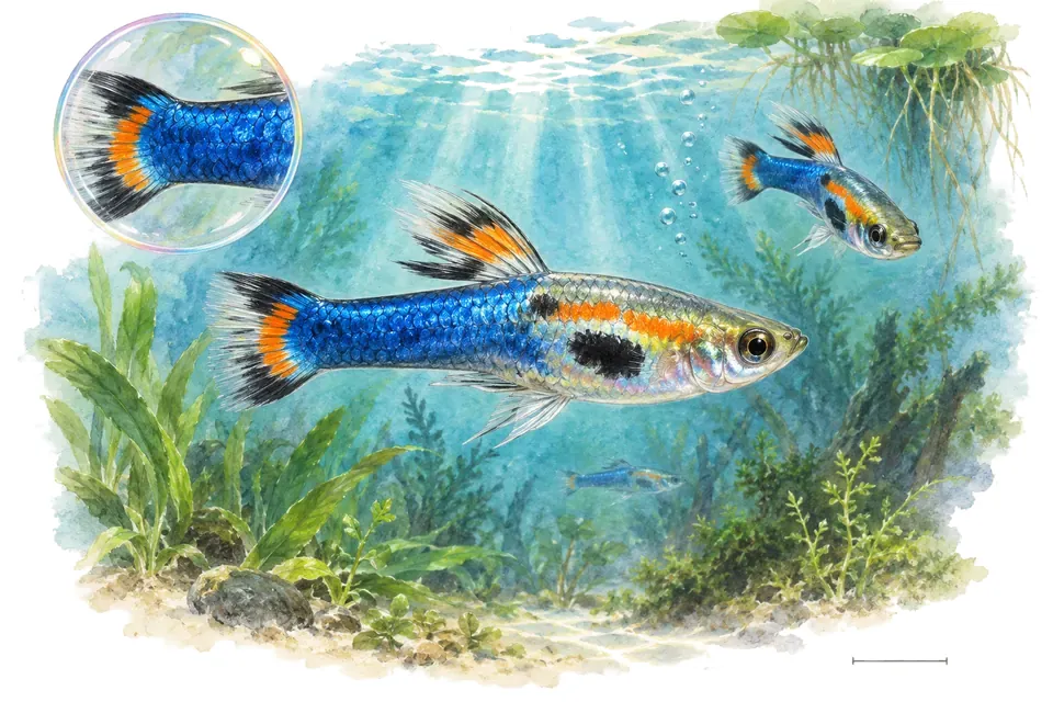 Aquarelle : Endler Japan Blue (Poecilia wingei) dans une eau turquoise lumineuse, avec une vue de trois quarts et un détail dans une bulle.