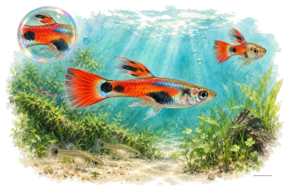 Aquarelle : Endler Red Scarlet (Poecilia wingei) dans une eau turquoise lumineuse, avec une vue de trois quarts et un détail dans une bulle.