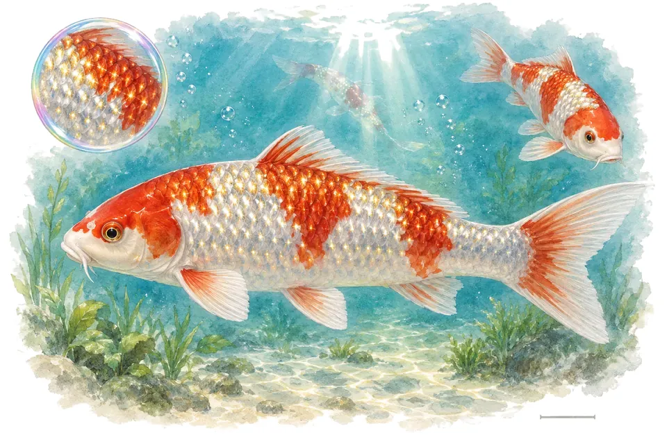 Aquarelle : Ginrin (Cyprinus rubrofuscus) dans une eau turquoise lumineuse, avec une vue de trois quarts et un détail dans une bulle.