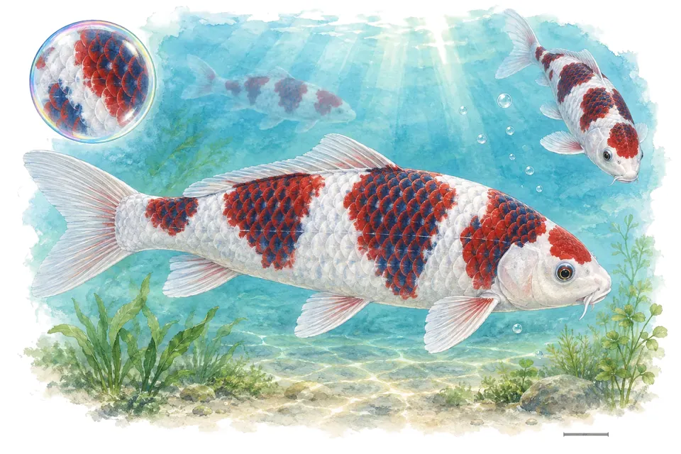 Aquarelle : Goromo (Cyprinus rubrofuscus) dans une eau turquoise lumineuse, avec une vue de trois quarts et un détail dans une bulle.