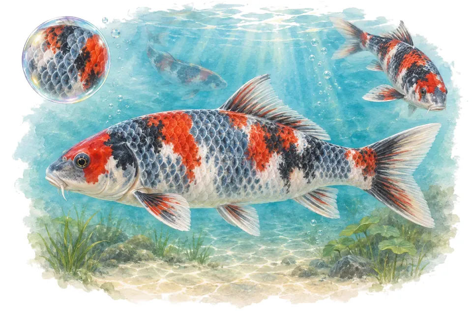 Aquarelle : Goshiki (Cyprinus rubrofuscus) dans une eau turquoise lumineuse, avec une vue de trois quarts et un détail dans une bulle.