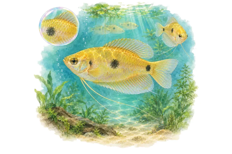 Aquarelle : Gourami bleu doré (Trichopodus trichopterus) dans une eau turquoise lumineuse, avec une vue de trois quarts et un détail dans une bulle.