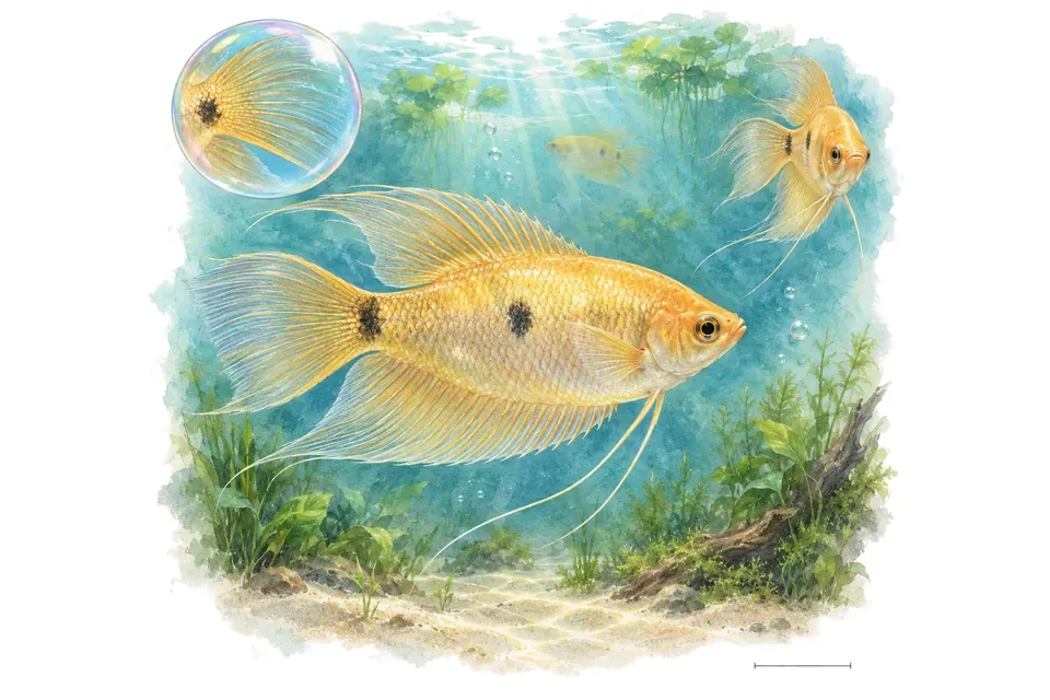 Aquarelle : Gourami bleu doré à longues nageoires (Trichopodus trichopterus) dans une eau turquoise lumineuse, avec une vue de trois quarts et un détail dans une bulle.