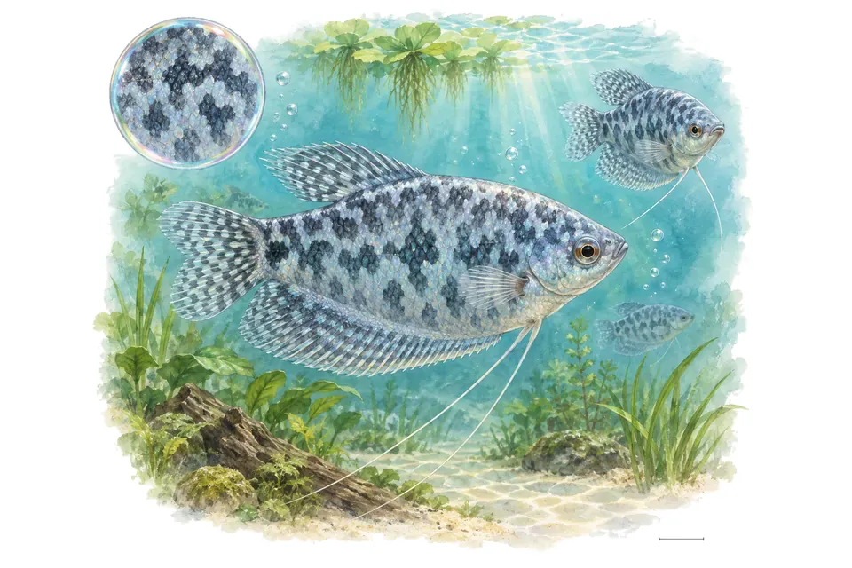 Aquarelle : Gourami bleu opalin (Trichopodus trichopterus) dans une eau turquoise lumineuse, avec une vue de trois quarts et un détail dans une bulle.
