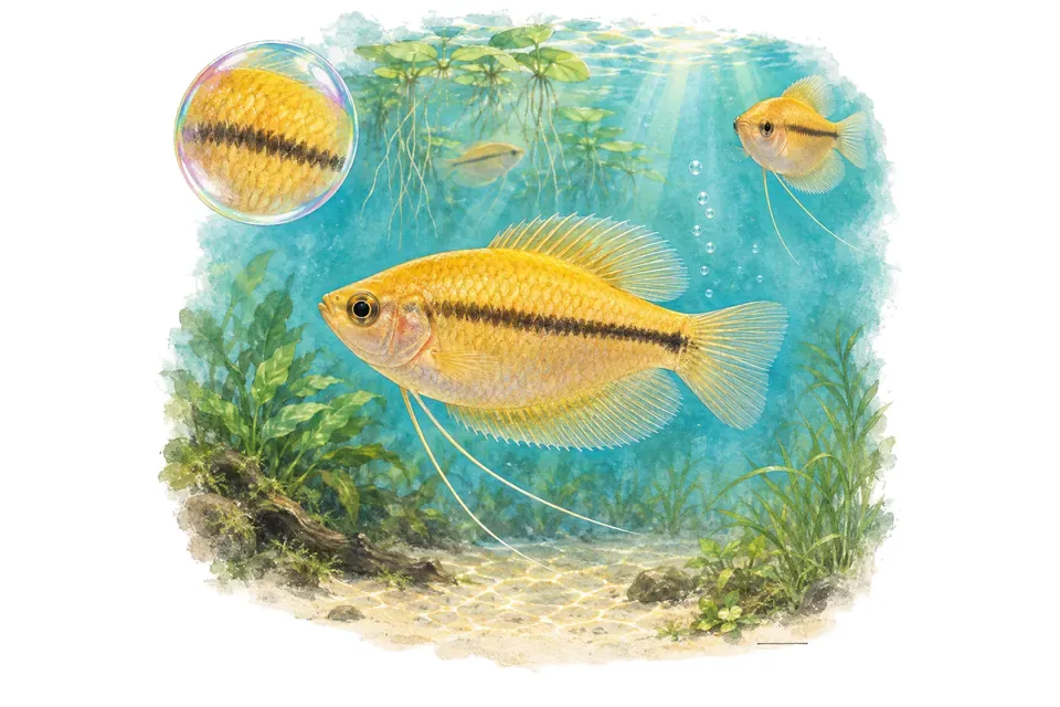 Aquarelle : Gourami miel doré (Trichogaster chuna) dans une eau turquoise lumineuse, avec une vue de trois quarts et un détail dans une bulle.