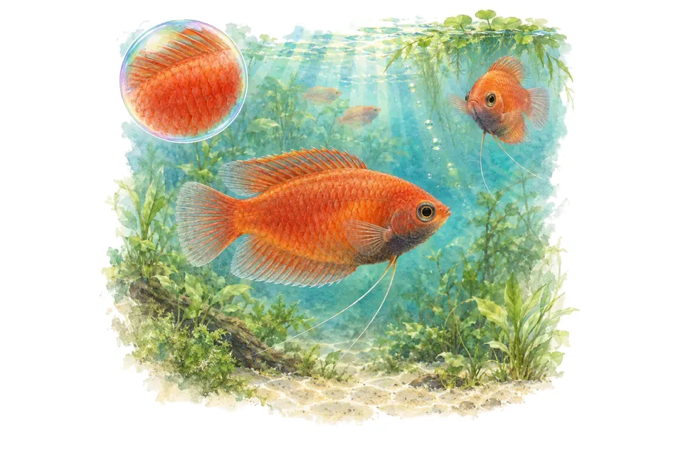 Aquarelle : Gourami miel rouge (Trichogaster chuna) dans une eau turquoise lumineuse, avec une vue de trois quarts et un détail dans une bulle.