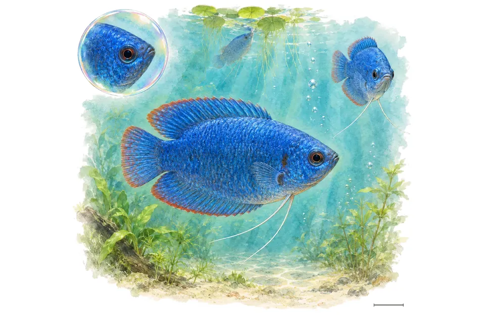 Aquarelle : Gourami nain bleu cobalt (Trichogaster lalius) dans une eau turquoise lumineuse, avec une vue de trois quarts et un détail dans une bulle.