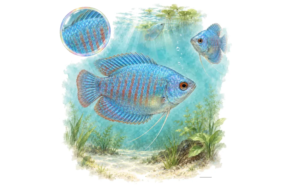 Aquarelle : Gourami nain bleu néon (Trichogaster lalius) dans une eau turquoise lumineuse, avec une vue de trois quarts et un détail dans une bulle.