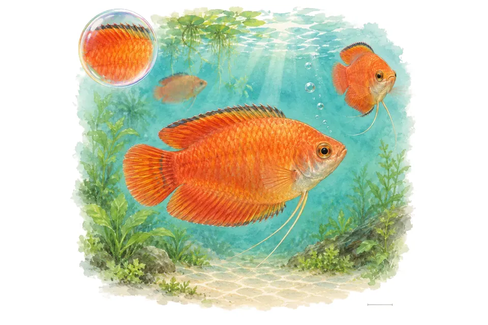 Aquarelle : Gourami nain rouge flamme (Trichogaster lalius) dans une eau turquoise lumineuse, avec une vue de trois quarts et un détail dans une bulle.