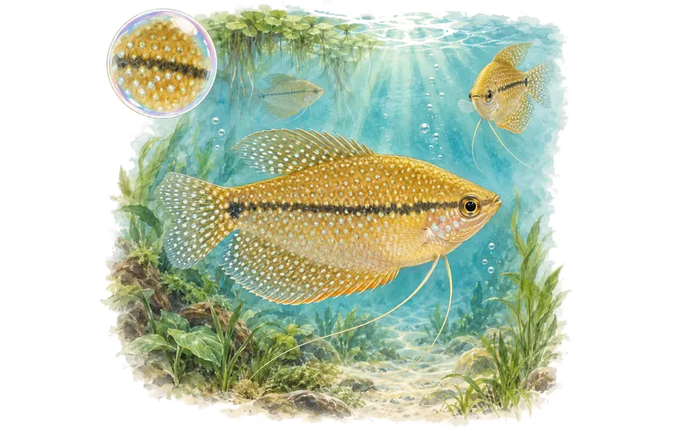 Aquarelle : Gourami perlé doré (Trichopodus leerii) dans une eau turquoise lumineuse, avec une vue de trois quarts et un détail dans une bulle.