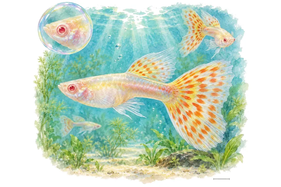 Aquarelle : Guppy albinos (Poecilia reticulata) dans une eau turquoise lumineuse, avec une vue de trois quarts et un détail dans une bulle.