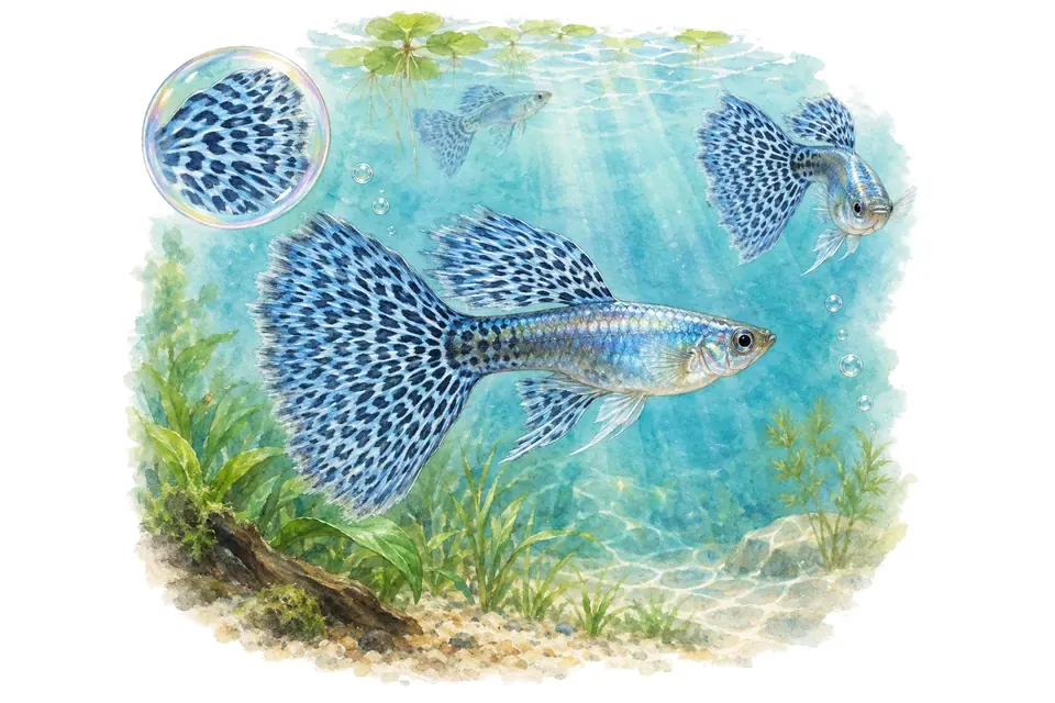 Aquarelle : Guppy blue lace (Poecilia reticulata) dans une eau turquoise lumineuse, avec une vue de trois quarts et un détail dans une bulle.