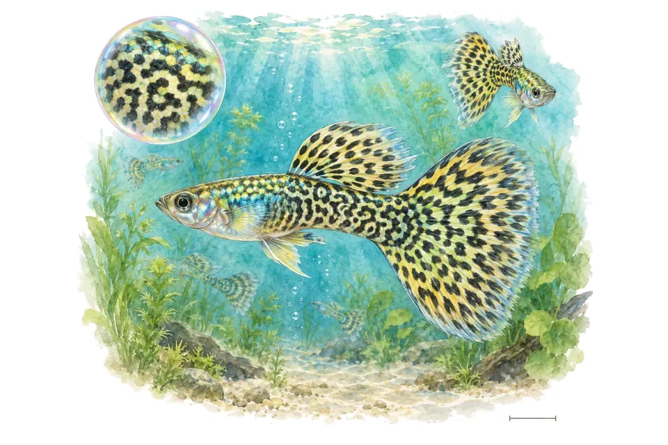 Aquarelle : Guppy cobra (Poecilia reticulata) dans une eau turquoise lumineuse, avec une vue de trois quarts et un détail dans une bulle.