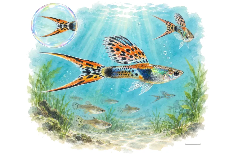 Aquarelle : Guppy double épée (Poecilia reticulata) dans une eau turquoise lumineuse, avec une vue de trois quarts et un détail dans une bulle.