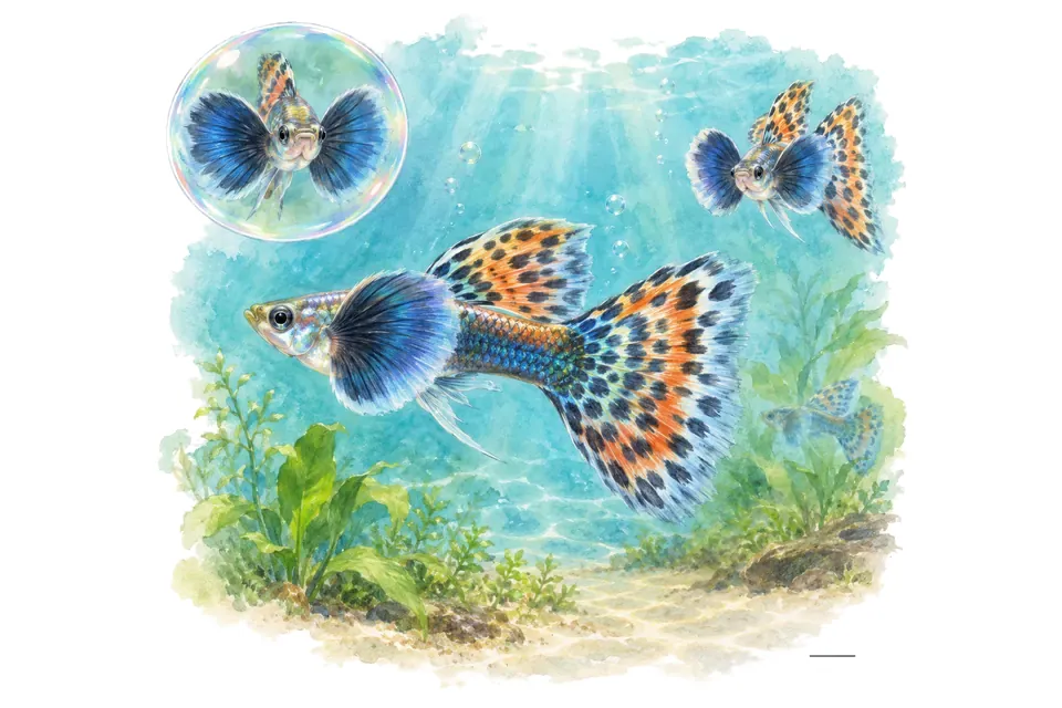 Aquarelle : Guppy dumbo (Poecilia reticulata) dans une eau turquoise lumineuse, avec une vue de trois quarts et un détail dans une bulle.
