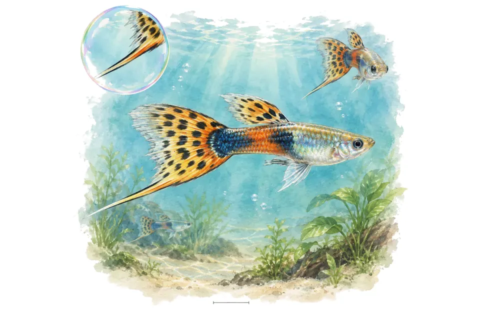 Aquarelle : Guppy épée basse (Poecilia reticulata) dans une eau turquoise lumineuse, avec une vue de trois quarts et un détail dans une bulle.