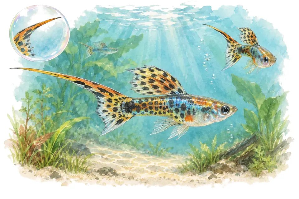 Aquarelle : Guppy épée haute (Poecilia reticulata) dans une eau turquoise lumineuse, avec une vue de trois quarts et un détail dans une bulle.