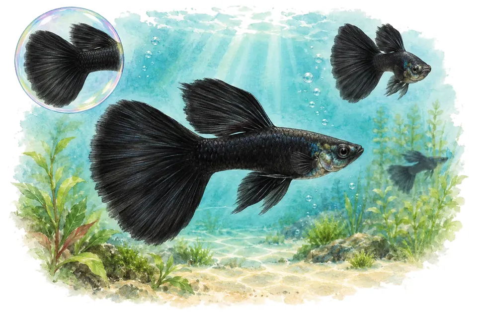 Aquarelle : Guppy full black (Poecilia reticulata) dans une eau turquoise lumineuse, avec une vue de trois quarts et un détail dans une bulle.