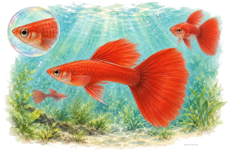 Aquarelle : Guppy full red (Poecilia reticulata) dans une eau turquoise lumineuse, avec une vue de trois quarts et un détail dans une bulle.