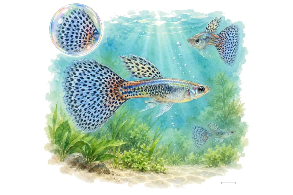 Aquarelle : Guppy grass (Poecilia reticulata) dans une eau turquoise lumineuse, avec une vue de trois quarts et un détail dans une bulle.