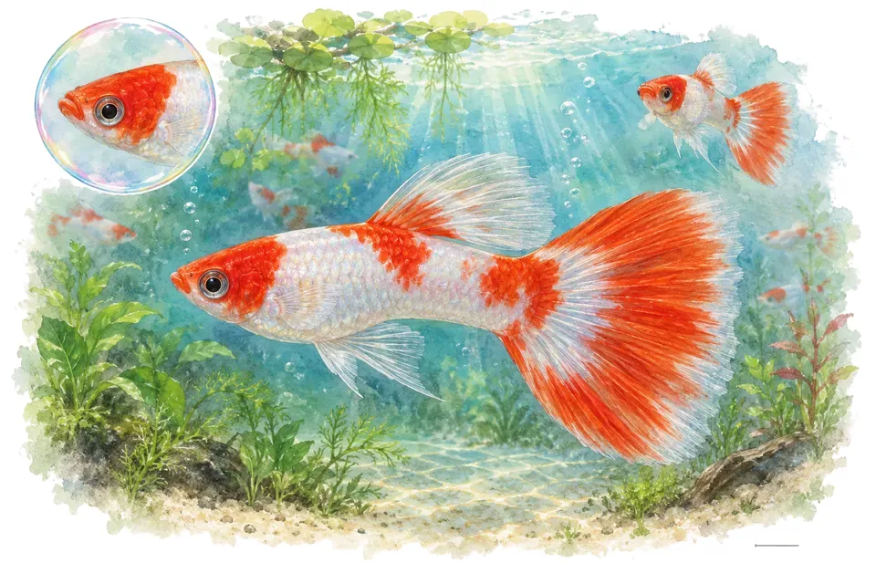 Aquarelle : Guppy koi (Poecilia reticulata) dans une eau turquoise lumineuse, avec une vue de trois quarts et un détail dans une bulle.
