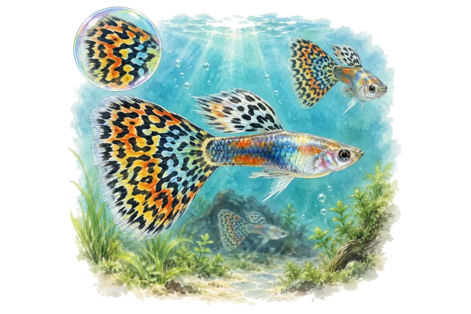 Aquarelle : Guppy mosaïque (Poecilia reticulata) dans une eau turquoise lumineuse, avec une vue de trois quarts et un détail dans une bulle.